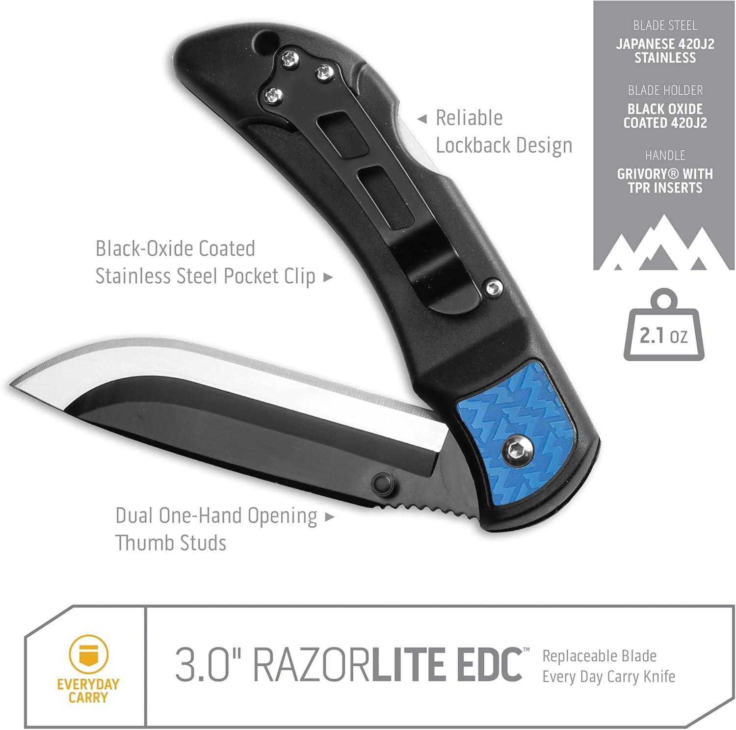 imageOUTDOOR EDGE 30quot RazorLite EDC Knife EDC Folding Knife with Replaceable Blades and Clip One Hand Opening for Everyday Carry Orange 4 BladesBlue