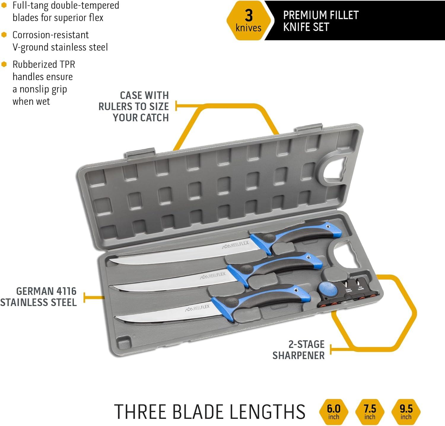 imageOUTDOOR EDGE Fillet Knife Set ReelFlex Pak Features 3 RazorSharp Flexible Fillet Knives 6quot 75quot ampamp 9quot German Stainless Blades NonSlip Handles Sharpener ampamp Hard Case Fishing Gear ampamp EquipmentReelFlex Pak 4Piece Set