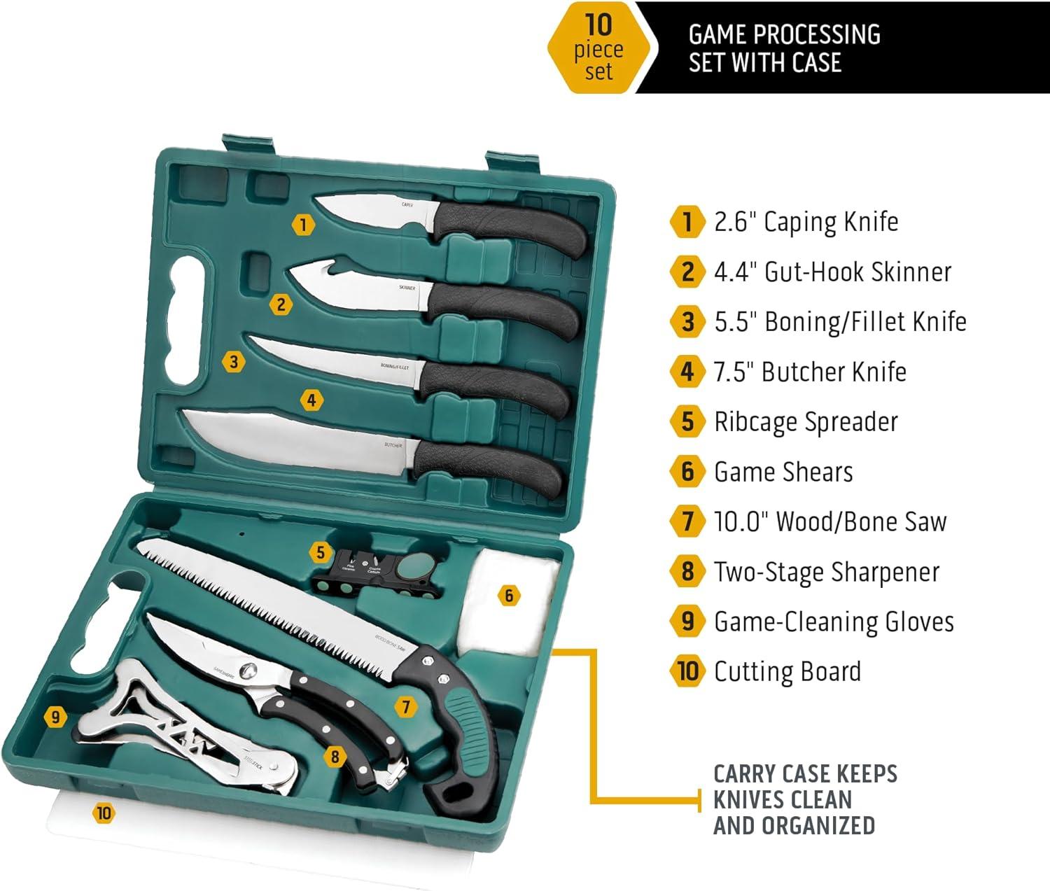 imageOUTDOOR EDGE GamePro 11Piece Butcher Knife Set Caping ampamp Boning Knives Deer Skinning Knife Bone Saw Game Shears Sharpener ampamp Rib Spreader in HardSide Case Elite Elk ampamp Deer Hunting Gear