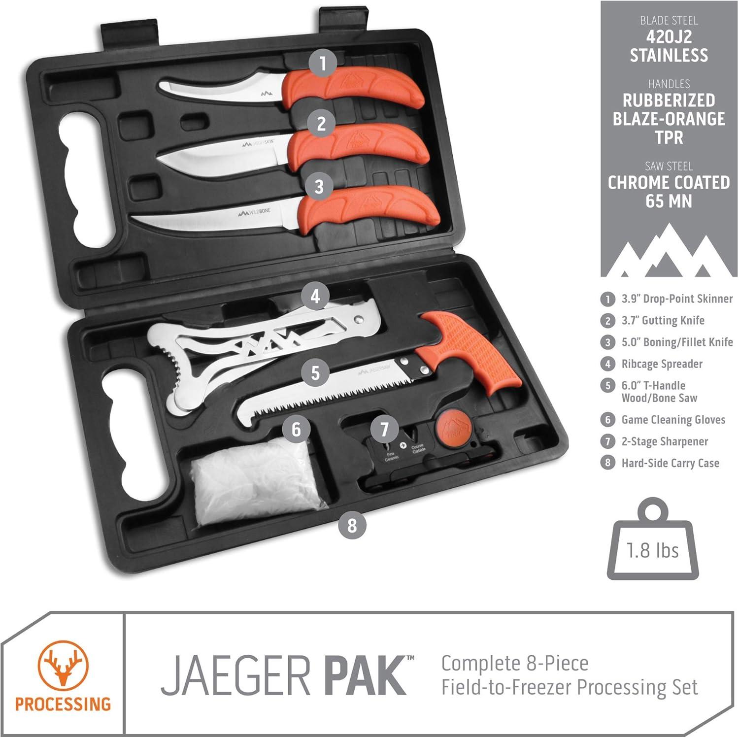 imageOUTDOOR EDGE JaegerPak 8Piece Hunting Knife Set ampamp Field Dressing Kit FullTang Skinning Knife Gutting ampamp Boning Knives Sharpener Bone Saw Rib Spreader Hard Case Hunting Accessories for Men8Piece Set