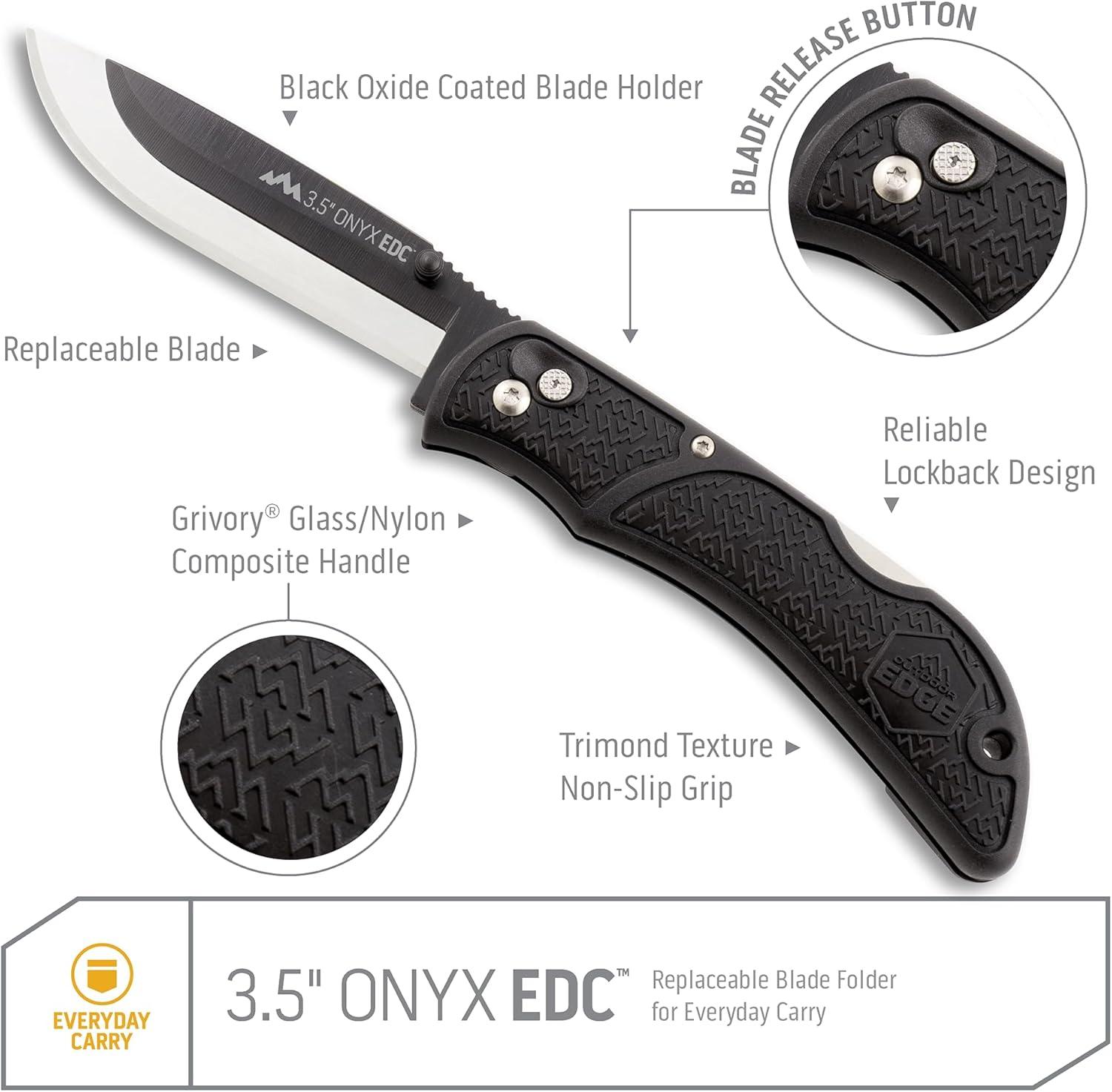 imageOUTDOOR EDGE Onyx EDC 35quot Folding Pocket Knife Replaceable Blade System with 27 RazorSharp Blades Pocket Clip ampamp Lockback Safety Everyday Carry Knife for Outdoorsmen Hunters ampamp DIY Tasks35