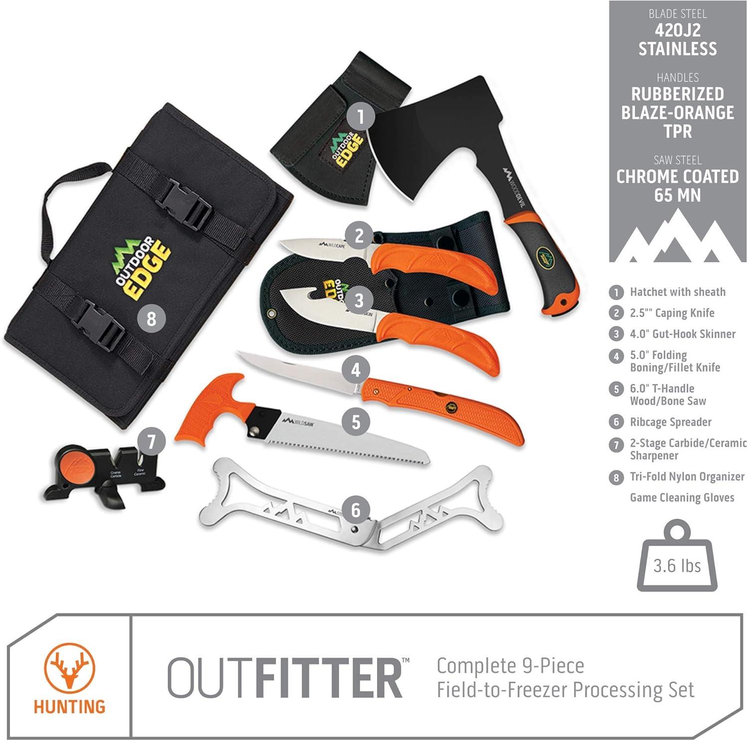 imageOUTDOOR EDGE Outfitter 9Piece Field to Freezer Hunting ampamp Deer Butcher Knife Set with Caping Knife Gut Hook Knife Boning Fillet Knife Knife Sharpener Axe Wood Bone Saw Spreader Cleaning Gloves