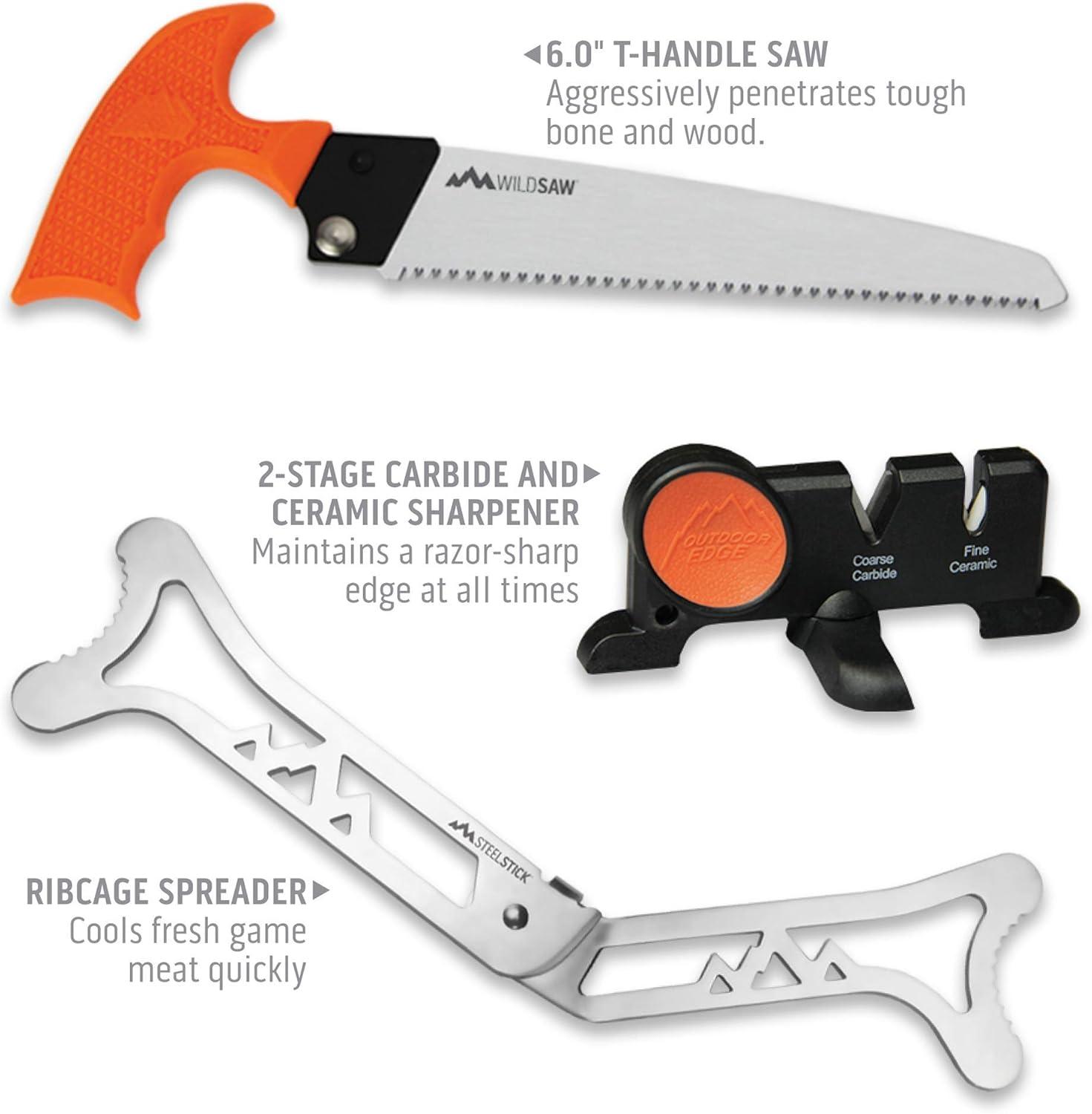 imageOUTDOOR EDGE Outfitter 9Piece Field to Freezer Hunting ampamp Deer Butcher Knife Set with Caping Knife Gut Hook Knife Boning Fillet Knife Knife Sharpener Axe Wood Bone Saw Spreader Cleaning Gloves