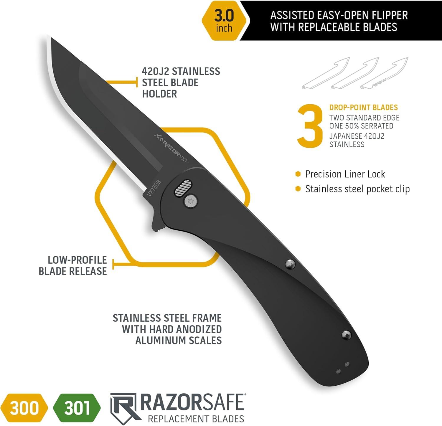 imageOUTDOOR EDGE RAZOR VX1 Replaceable Blade Assisted EDC Folding Pocket Knife 3quot Stainless Blade Black Anodized Aluminum Handle Reversible Pocket Clip Outdoor Camping Survival UtilityBlack