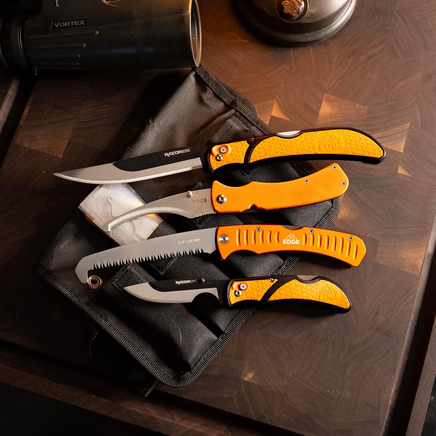 imageOUTDOOR EDGE RazorBone Replaceable Blade Folding Hunting Knife with Clip ampamp Sheath 3 Butcher Knife Blade Styles Boning Gutting ampamp Skinning Knives Blaze Orange Camo Sheath 6 Blades ampamp Blade BoxBlack Guide Pack Pro