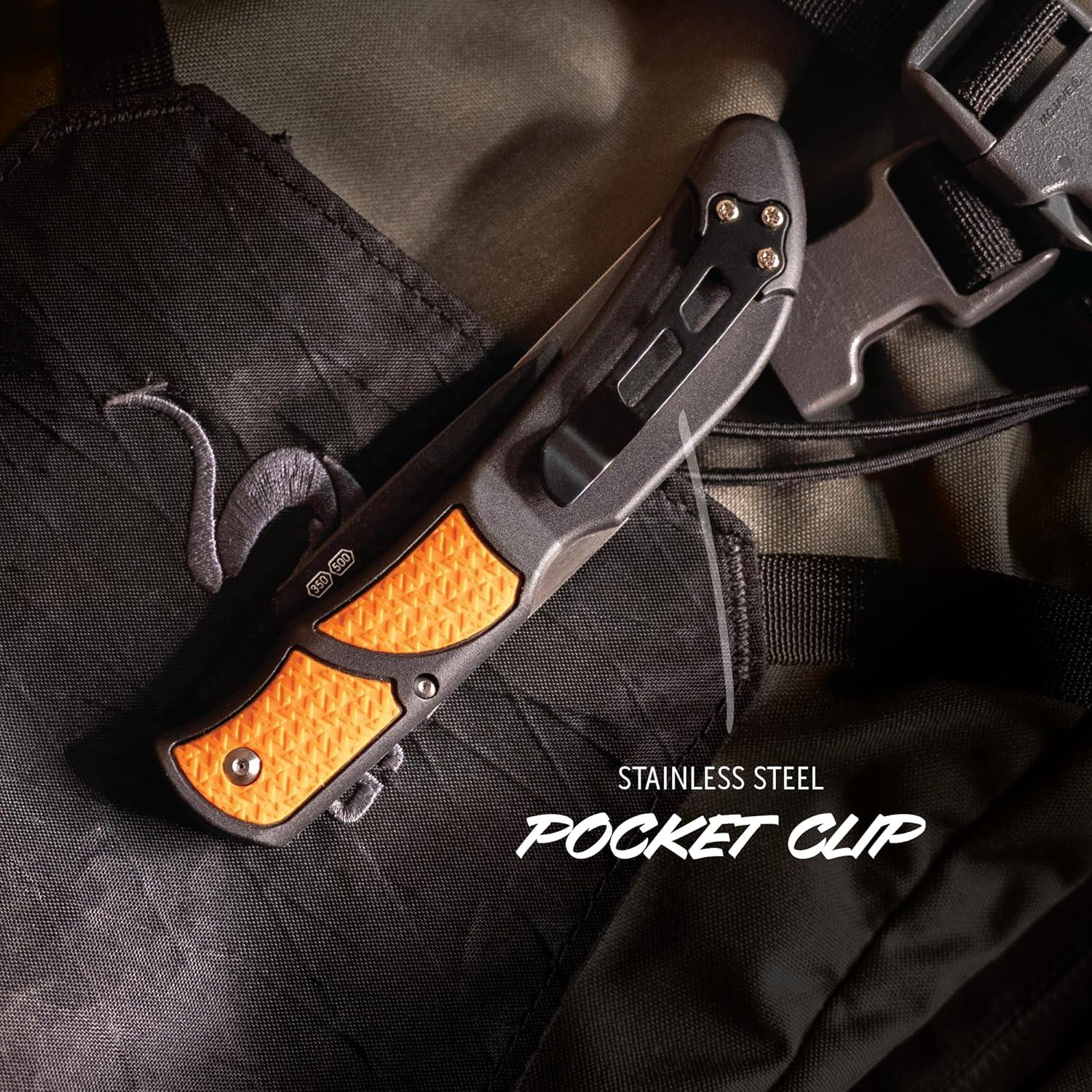 imageOUTDOOR EDGE RazorBone Replaceable Blade Folding Hunting Knife with Clip ampamp Sheath 3 Butcher Knife Blade Styles Boning Gutting ampamp Skinning Knives Blaze Orange Camo Sheath 6 Blades ampamp Blade BoxOrange