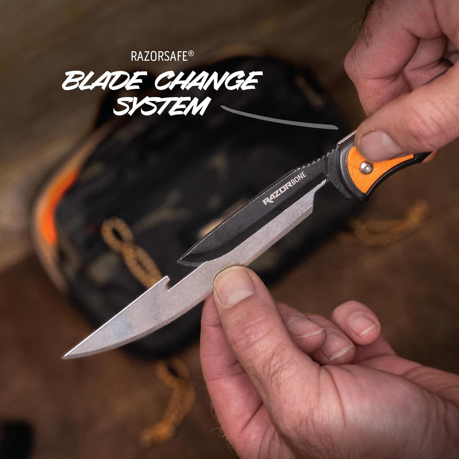 imageOUTDOOR EDGE RazorBone Replaceable Blade Folding Hunting Knife with Clip ampamp Sheath 3 Butcher Knife Blade Styles Boning Gutting ampamp Skinning Knives Blaze Orange Camo Sheath 6 Blades ampamp Blade BoxOrange