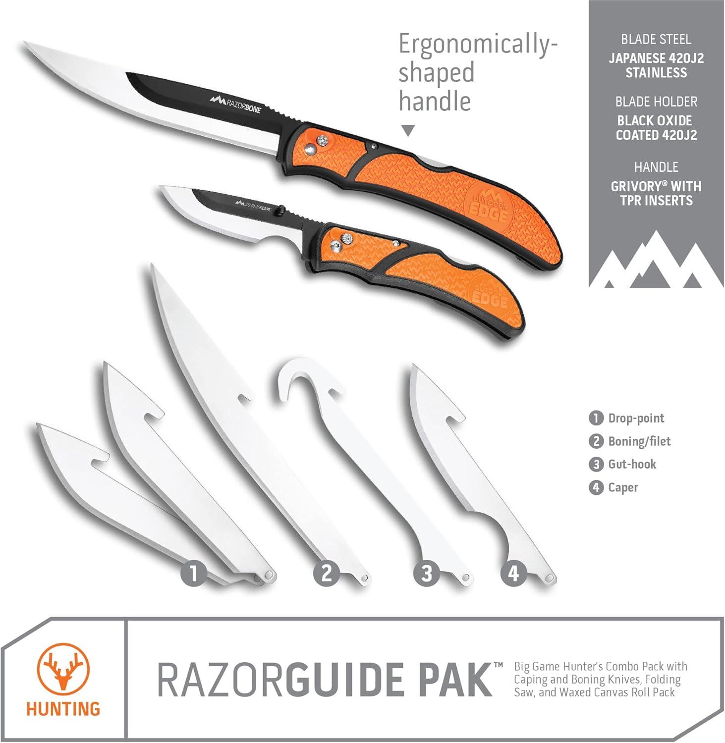 imageOUTDOOR EDGE RazorBone Replaceable Blade Folding Hunting Knife with Clip ampamp Sheath 3 Butcher Knife Blade Styles Boning Gutting ampamp Skinning Knives Blaze Orange Camo Sheath 6 Blades ampamp Blade BoxBlack Roll Pack