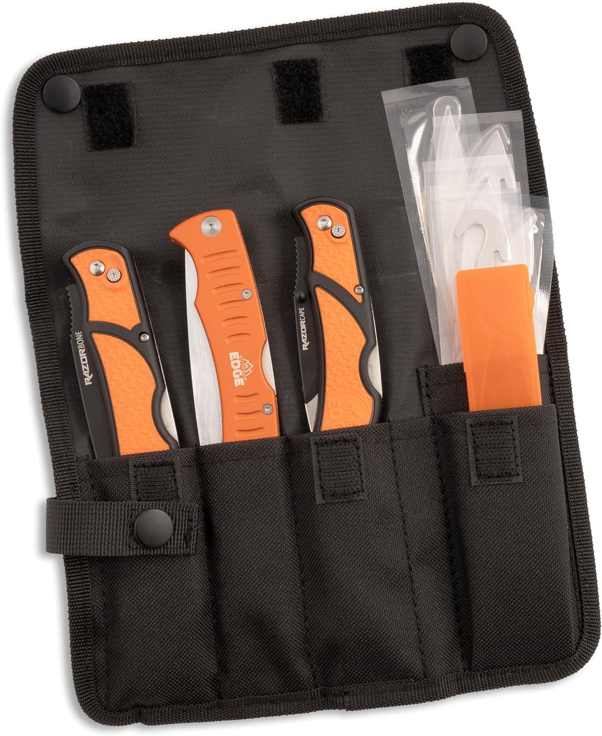 imageOUTDOOR EDGE RazorBone Replaceable Blade Folding Hunting Knife with Clip ampamp Sheath 3 Butcher Knife Blade Styles Boning Gutting ampamp Skinning Knives Blaze Orange Camo Sheath 6 Blades ampamp Blade BoxBlack Roll Pack