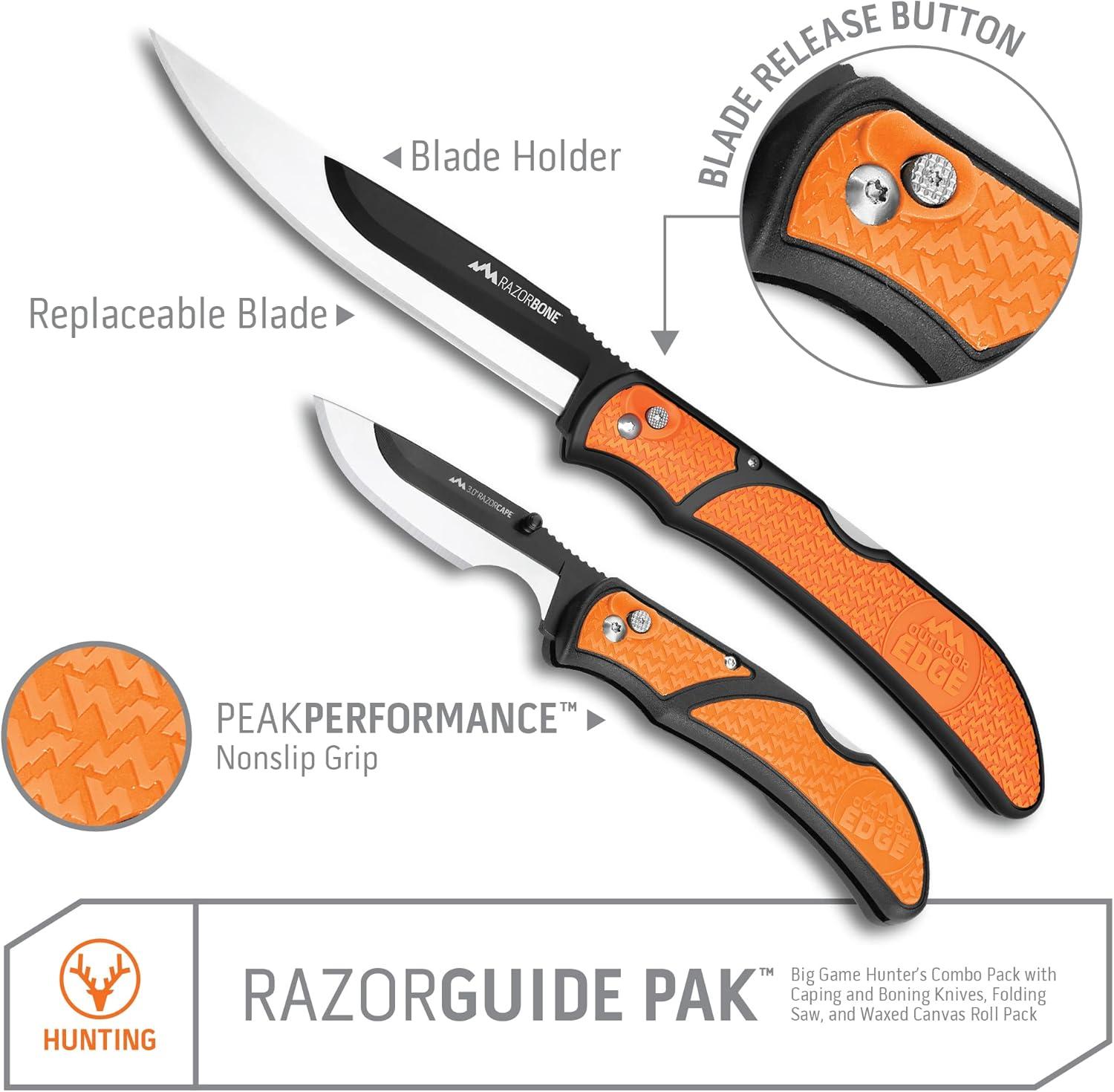 imageOUTDOOR EDGE RazorBone Replaceable Blade Folding Hunting Knife with Clip ampamp Sheath 3 Butcher Knife Blade Styles Boning Gutting ampamp Skinning Knives Blaze Orange Camo Sheath 6 Blades ampamp Blade BoxBlack Guide Pack Pro