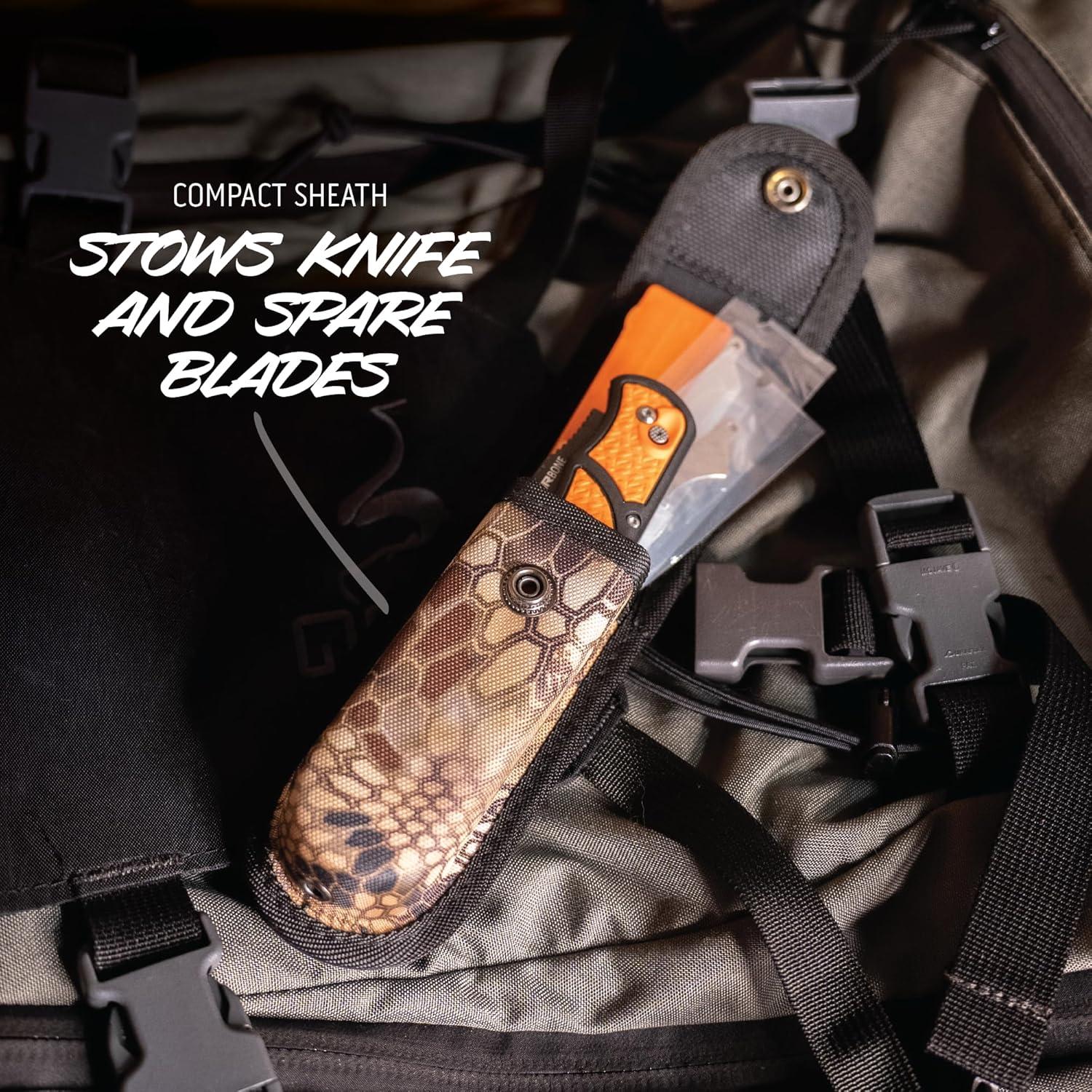 imageOUTDOOR EDGE RazorBone Replaceable Blade Folding Hunting Knife with Clip ampamp Sheath 3 Butcher Knife Blade Styles Boning Gutting ampamp Skinning Knives Blaze Orange Camo Sheath 6 Blades ampamp Blade BoxOrange