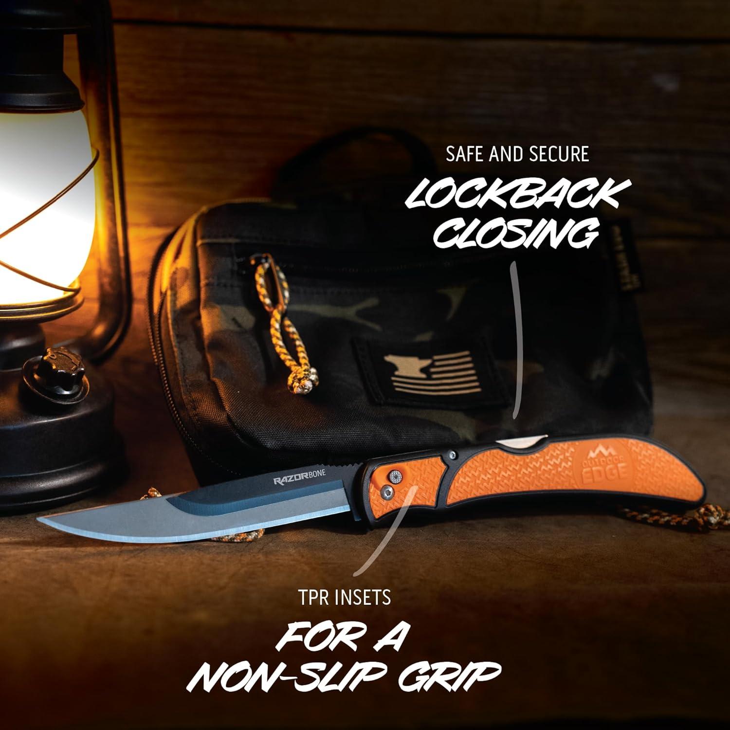 imageOUTDOOR EDGE RazorBone Replaceable Blade Folding Hunting Knife with Clip ampamp Sheath 3 Butcher Knife Blade Styles Boning Gutting ampamp Skinning Knives Blaze Orange Camo Sheath 6 Blades ampamp Blade BoxOrange
