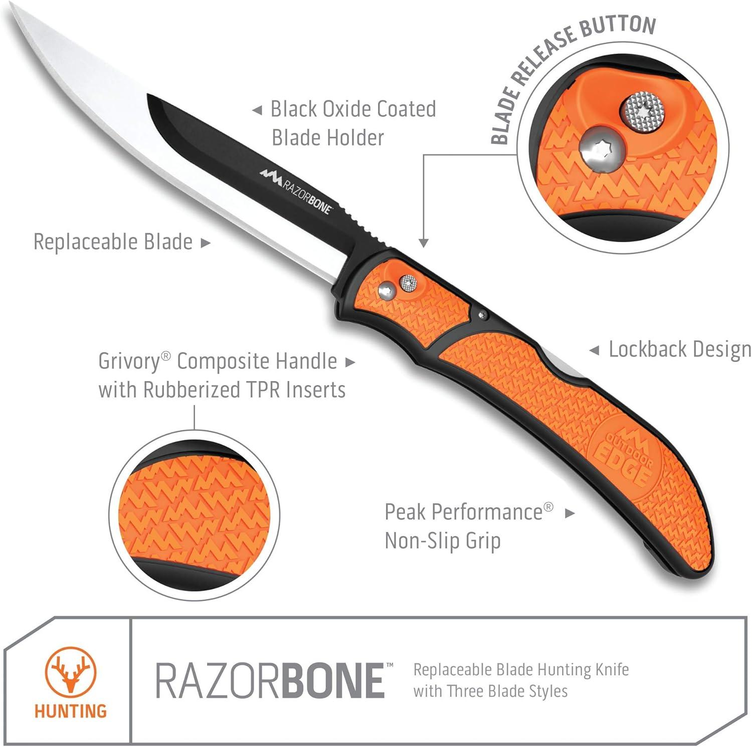 imageOUTDOOR EDGE RazorBone Replaceable Blade Folding Hunting Knife with Clip ampamp Sheath 3 Butcher Knife Blade Styles Boning Gutting ampamp Skinning Knives Blaze Orange Camo Sheath 6 Blades ampamp Blade BoxOrange