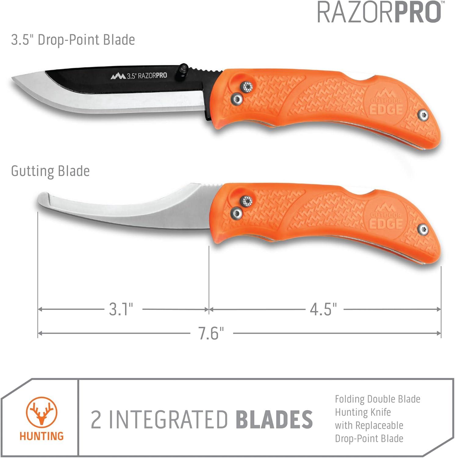 imageOUTDOOR EDGE RazorPro S RazorSafe Replaceable Blade 35quot Folding Knife with Saw and Camo Nylon Sheath Orange 6 BladesRazorPro Gut Skinning Saw