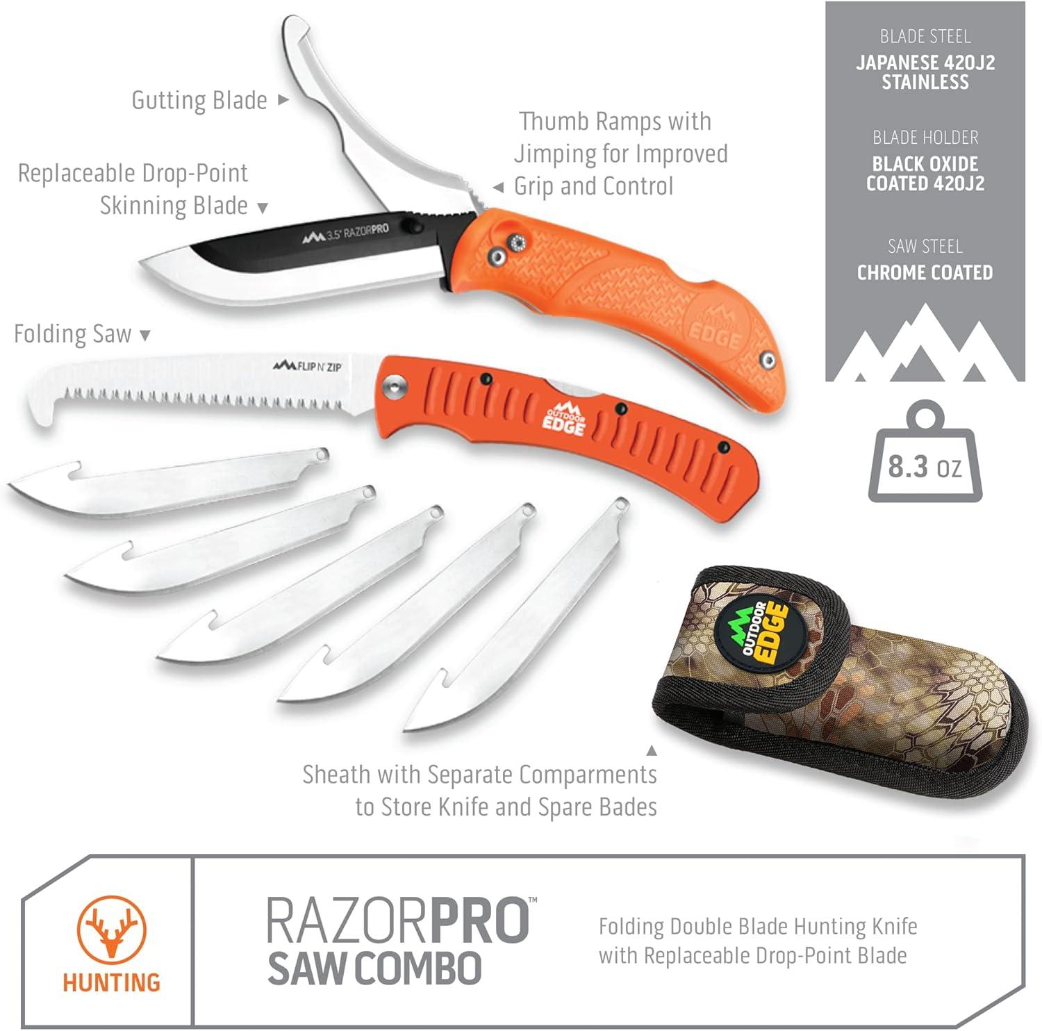 imageOUTDOOR EDGE RazorPro S RazorSafe Replaceable Blade 35quot Folding Knife with Saw and Camo Nylon Sheath Orange 6 BladesRazorPro Gut Skinning Saw