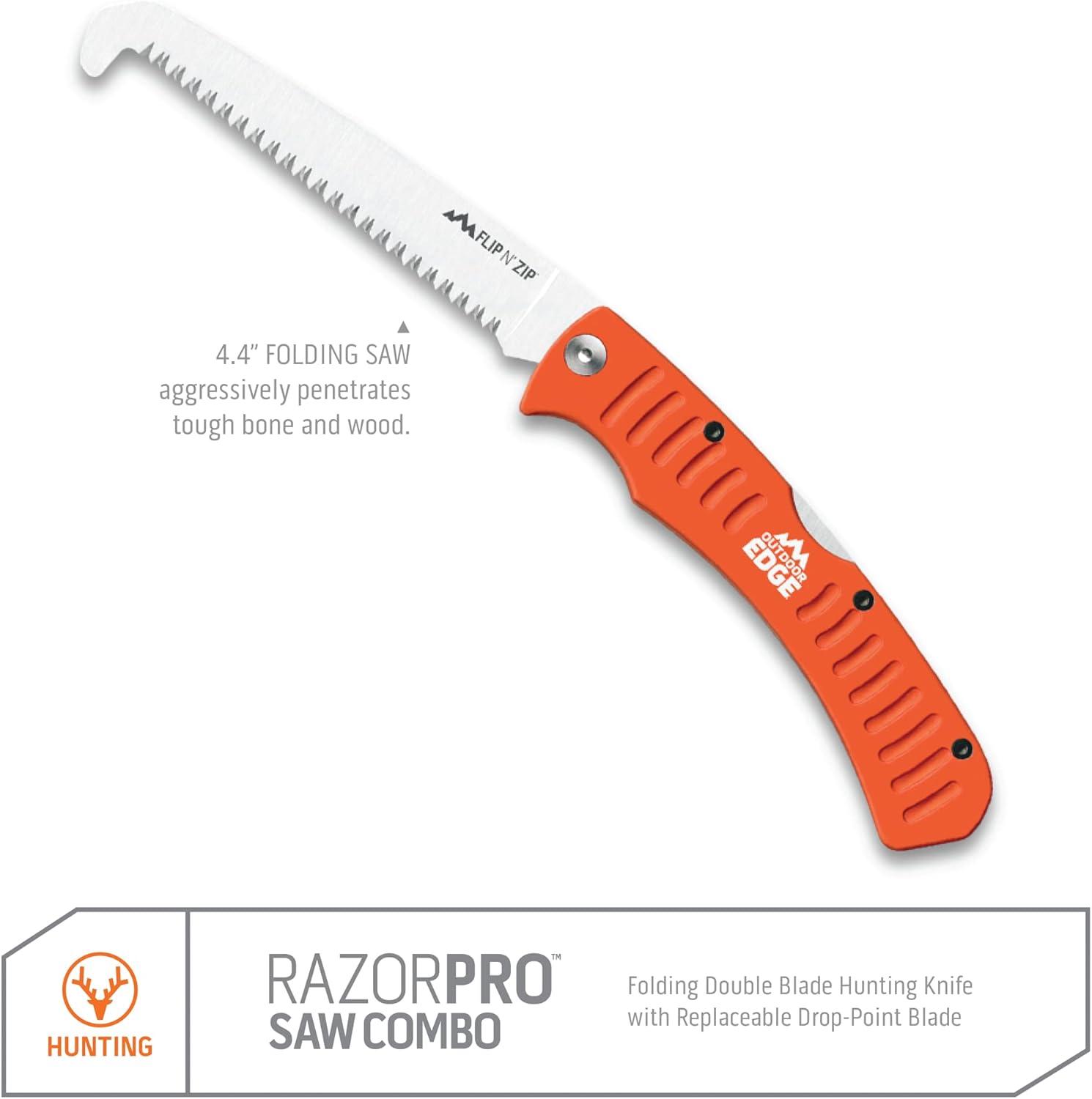 imageOUTDOOR EDGE RazorPro S RazorSafe Replaceable Blade 35quot Folding Knife with Saw and Camo Nylon Sheath Orange 6 BladesRazorPro Gut Skinning Saw