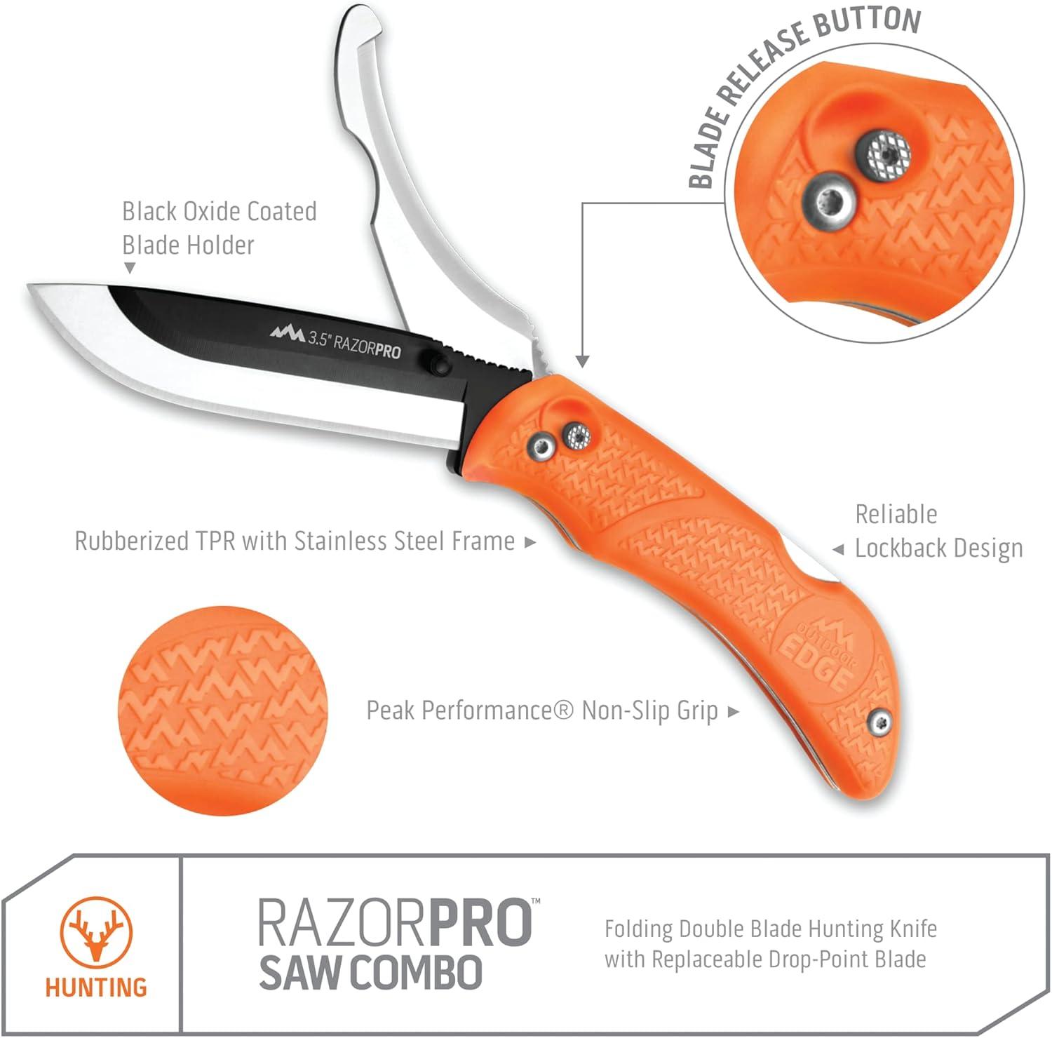 imageOUTDOOR EDGE RazorPro S RazorSafe Replaceable Blade 35quot Folding Knife with Saw and Camo Nylon Sheath Orange 6 BladesRazorPro Gut Skinning Saw
