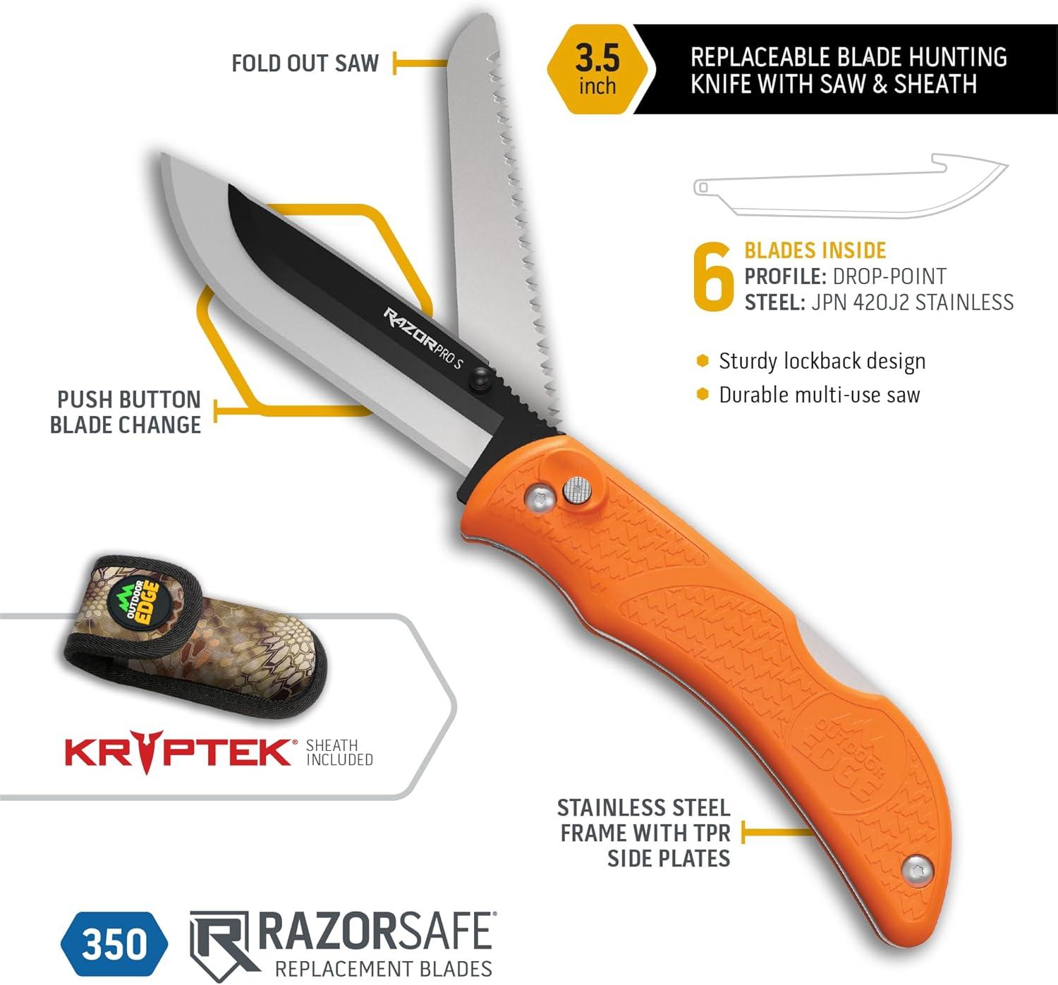 imageOUTDOOR EDGE RazorPro S RazorSafe Replaceable Blade 35quot Folding Knife with Saw and Camo Nylon Sheath Orange 6 BladesRazorPro Saw Knife