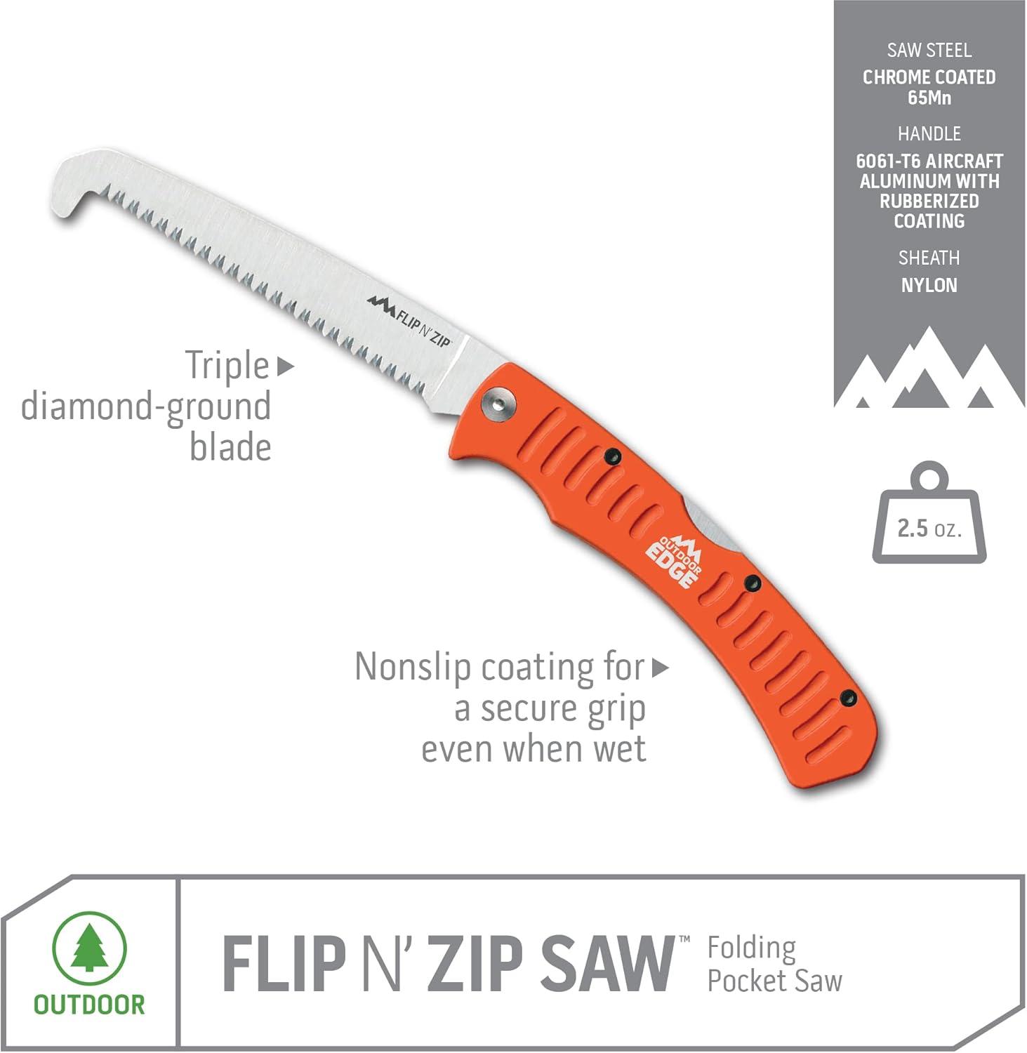 imageOutdoor Edge 45quot Flip N Zip Saw Lightweight Folding Aluminum Handle OutdoorHunting Saw with 65Mn Spring Steel Blade and Triple Ground Teeth for Bone and Wood with Nylon Sheath45 inches