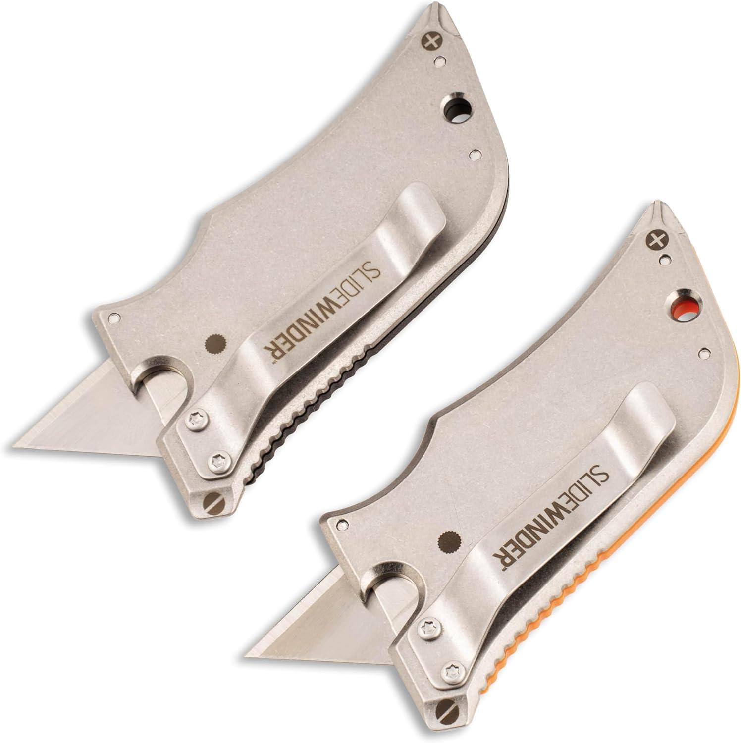 imageOutdoor Edge SlideWinder Utility Knife Multitool with Standard Replaceable Razor Blade Screwdrivers Prybar Bottle Opener and Pocket Clip with Locking AutoRetracting BladeBlack and Orange