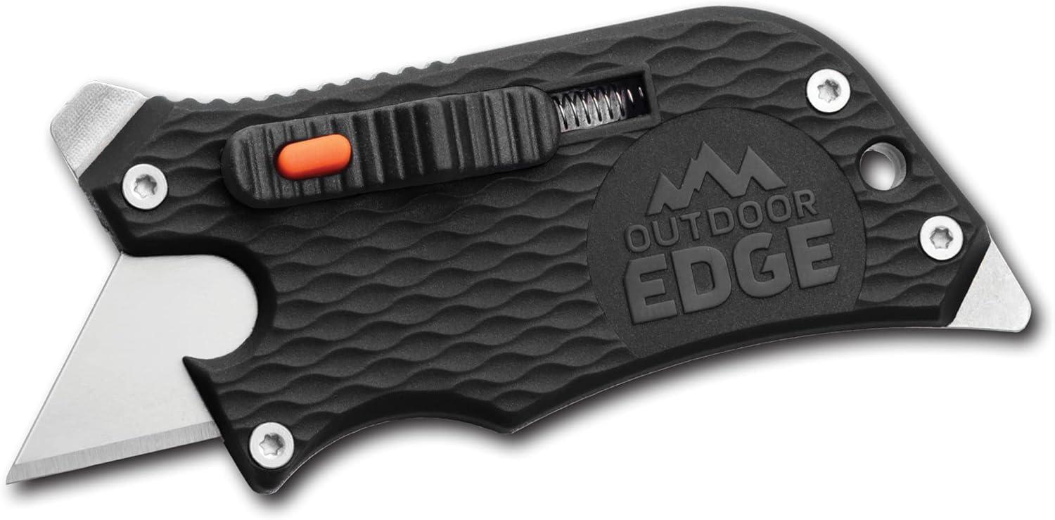 imageOutdoor Edge SlideWinder Utility Knife Multitool with Standard Replaceable Razor Blade Screwdrivers Prybar Bottle Opener and Pocket Clip with Locking AutoRetracting BladeBlack and Orange