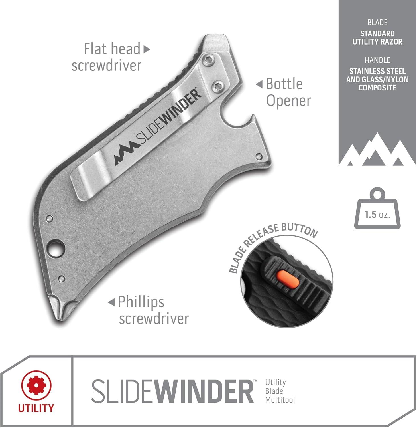 imageOutdoor Edge SlideWinder Utility Knife Multitool with Standard Replaceable Razor Blade Screwdrivers Prybar Bottle Opener and Pocket Clip with Locking AutoRetracting BladeBlack and Orange