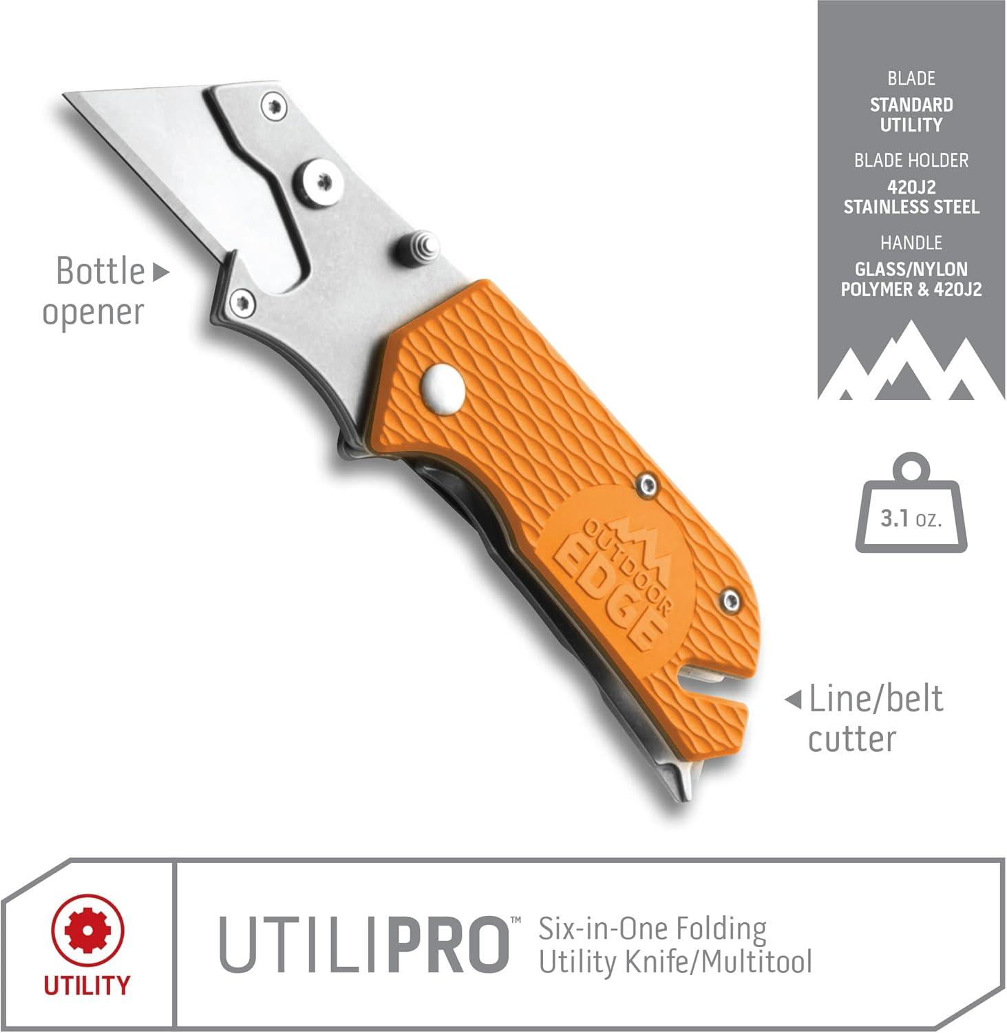 imageOutdoor Edge UTILIPRO 5 in 1 Utility Knife Bottle Opener FlatheadPrybar Phillips Screw Driver Line Cutter ampamp Pocket Clip Uses Standard Utility Razor Blades BlackBlack