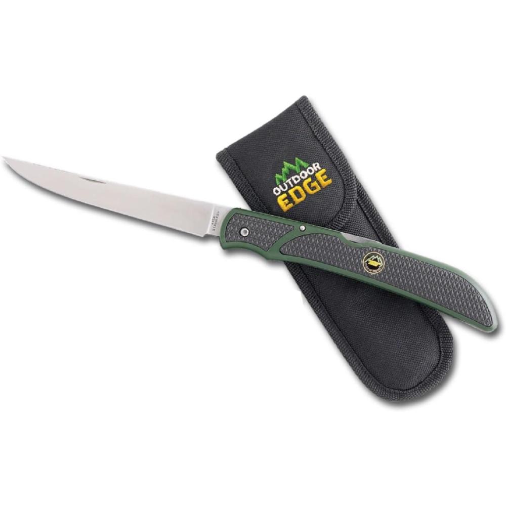 imageOUTDOOR EDGE Fish ampamp Bone Folding Fillet Knife with 50quot 440A Stainless Steel Blade for Fish and Processing Big Game Pocket ClipGreenBlack
