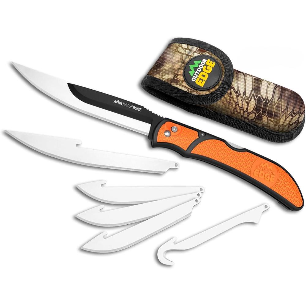 imageOUTDOOR EDGE RazorBone Replaceable Blade Folding Hunting Knife with Clip ampamp Sheath 3 Butcher Knife Blade Styles  Boning Gutting ampamp Skinning Knives Blaze Orange Camo Sheath 6 Blades ampamp Blade BoxOrange