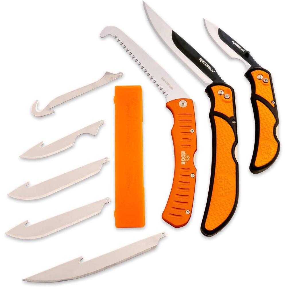 imageOUTDOOR EDGE RazorBone Replaceable Blade Folding Hunting Knife with Clip ampamp Sheath 3 Butcher Knife Blade Styles  Boning Gutting ampamp Skinning Knives Blaze Orange Camo Sheath 6 Blades ampamp Blade BoxBlack Roll Pack