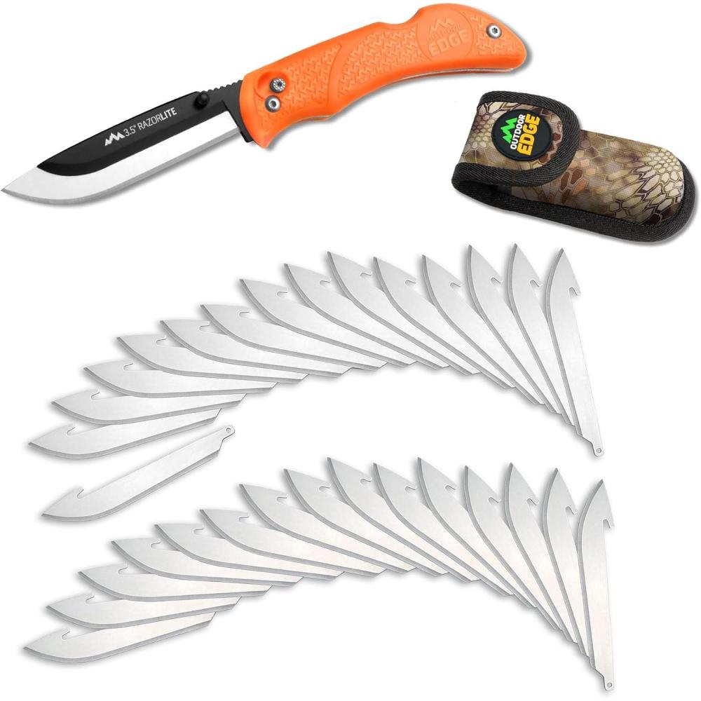 imageOUTDOOR EDGE RazorLite Folding Hunting Knife  35 Replaceable Razor Blades NonSlip Rubber Handle LockBack Safety Includes 6 Blades and Nylon SheathOrange 30 Blades