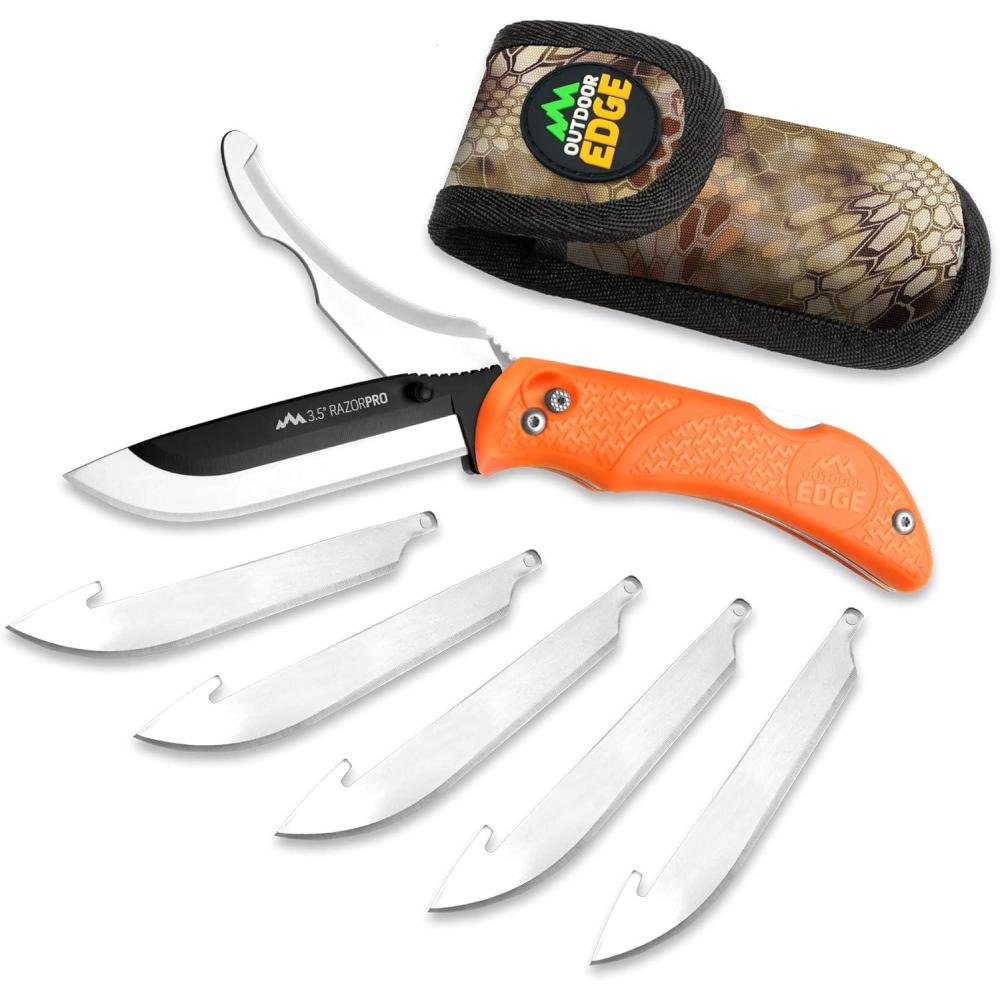 imageOUTDOOR EDGE RazorPro G Double Blade Hunting Knife  Replaceable Razor Sharp Skinning Blade ampamp Gutting Knife for Fast Field Dressing NonSlip Black Handle Black Sheath with 6 Extra Blades OrangeOrange