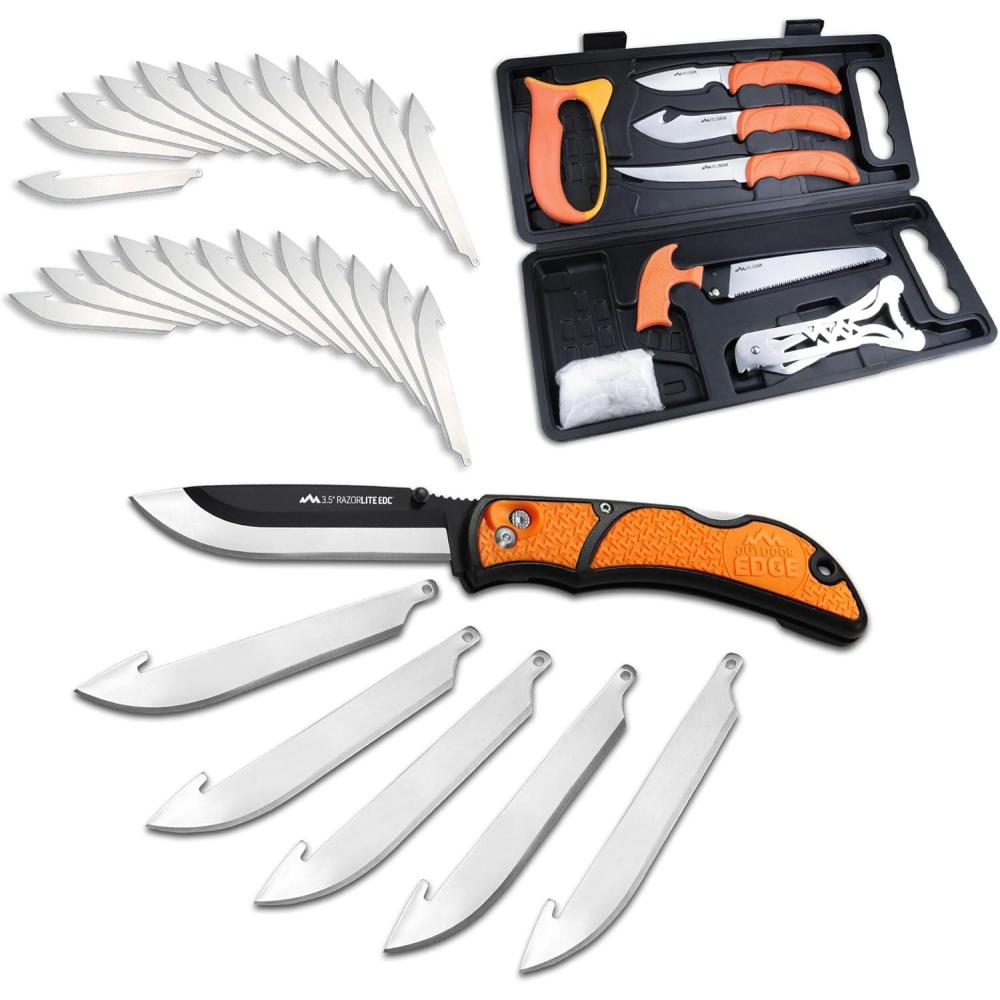 imageOUTDOOR EDGE WildPak with 35quot Orange RazorLite Knife and 30 Replacement Blades Field Dressing Kit Complete 8Piece Portable Butcher Game Processor Set Perfect Hunting Knife for Skinning Deer