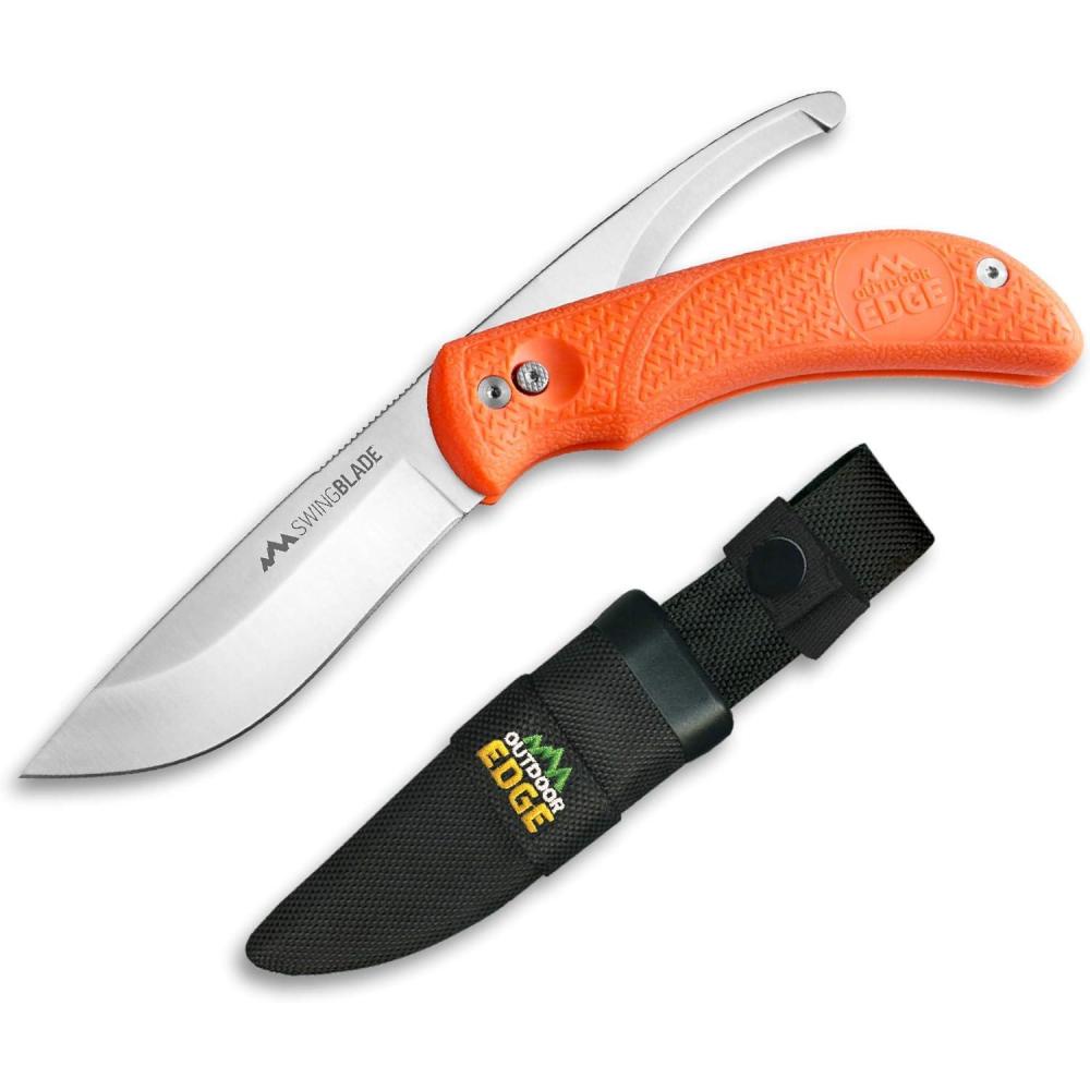 imageOutdoor Edge Swingblaze Double Blade Hunting Knife with Rotating Skinning ampamp Gutting Blades Nylon Sheath Blaze Orange SZ20N