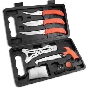 OUTDOOR EDGE JaegerPak 8-Piece Hunting Knife Set & Field Dressing Kit | Full-Tang Skinning Knife, Gutting & Boning Knives, Sharpener, Bone Saw, Rib Spreader | Hard Case | Hunting Accessories for Men(8-Piece Set)