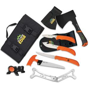 OUTDOOR EDGE Outfitter, 9-Piece Field to Freezer Hunting & Deer Butcher Knife Set with Caping Knife, Gut Hook Knife, Boning Fillet Knife, Knife Sharpener, Axe, Wood Bone Saw, Spreader, Cleaning Gloves