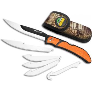 OUTDOOR EDGE RazorBone Replaceable Blade Folding Hunting Knife with Clip & Sheath, 3 Butcher Knife Blade Styles – Boning, Gutting, & Skinning Knives. Blaze Orange, Camo Sheath, 6 Blades & Blade Box(Orange)