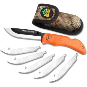 OUTDOOR EDGE Razor-Lite Folding Hunting Knife – 3.5″ Replaceable Razor Blades, Non-Slip Rubber Handle, Lock-Back Safety, Includes 6 Blades and Nylon Sheath(Orange)
