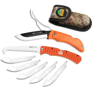 OUTDOOR EDGE RazorPro S – RazorSafe Replaceable Blade 3.5″ Folding Knife with Saw and Camo Nylon Sheath (Orange, 6 Blades)(RazorPro (Gut & Skinning + Saw))