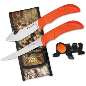 OUTDOOR EDGE WildBone, 4-Piece Hunting Knife Set, Field Dressing & Game Processing Knives – Gut-Hook Skinning & Boning/Fillet Knife, Carbine/Ceramic Sharpener, Camo Belt Scabbard – Deer & Elk(WildBone)