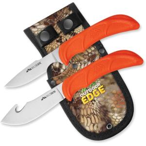 OUTDOOR EDGE WildBone, 4-Piece Hunting Knife Set, Field Dressing & Game Processing Knives – Gut-Hook Skinning & Boning/Fillet Knife, Carbine/Ceramic Sharpener, Camo Belt Scabbard – Deer & Elk(WildPair)