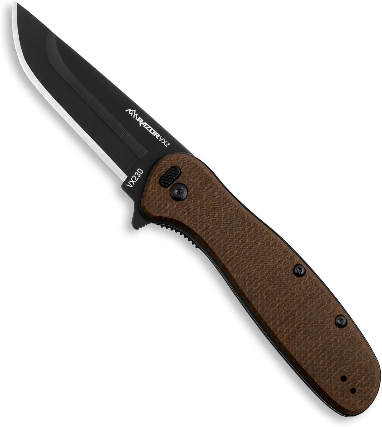 image:imageOUTDOOR EDGE RAZOR VX2 Brown Burlap with 3 Black Drop Point Blades 1 Serrated Blade amp 6 Utility Replaceable Blade EDC Folding Pocket Knife 3 Blade G10 Stainless Steel Handle