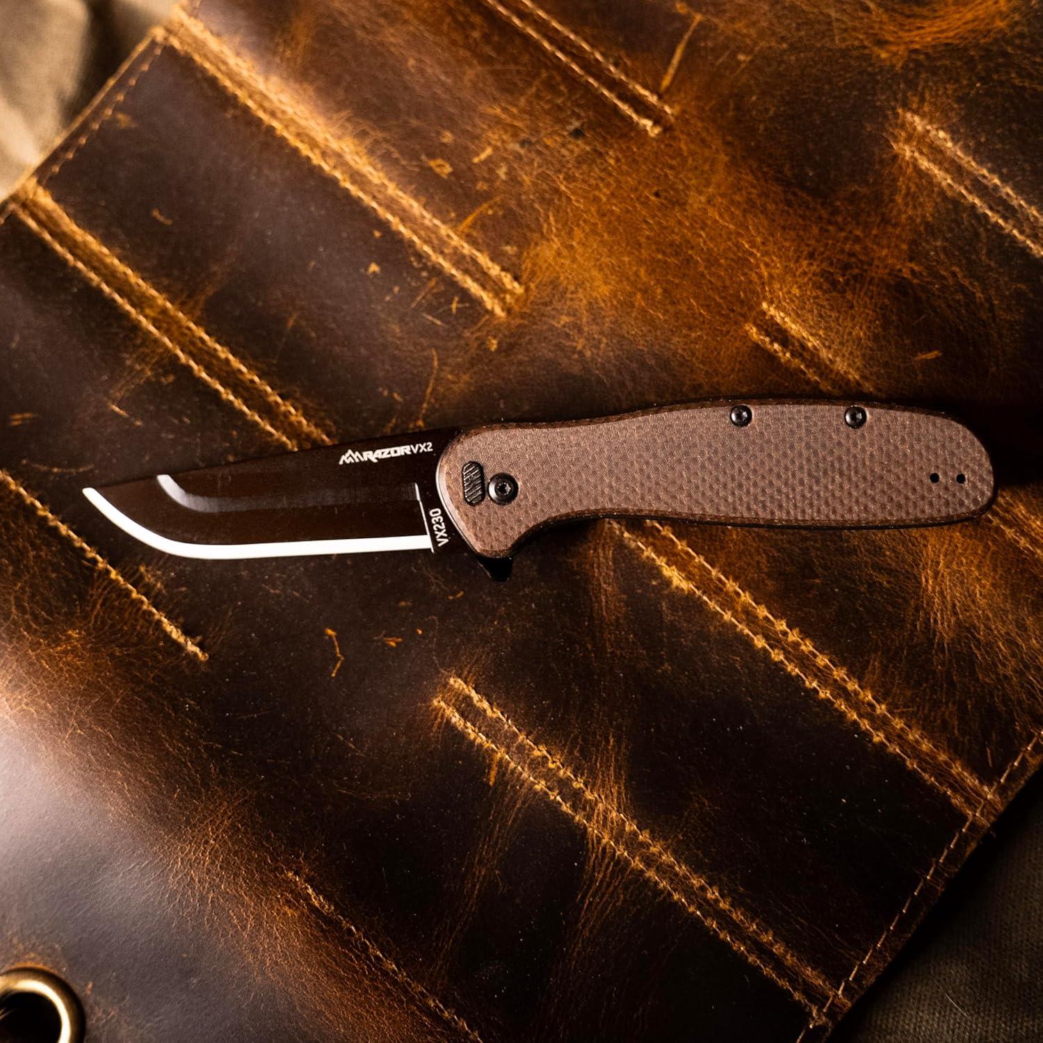 image:imageOUTDOOR EDGE RAZOR VX2 Brown Burlap with 3 Black Drop Point Blades 1 Serrated Blade amp 6 Utility Replaceable Blade EDC Folding Pocket Knife 3 Blade G10 Stainless Steel Handle