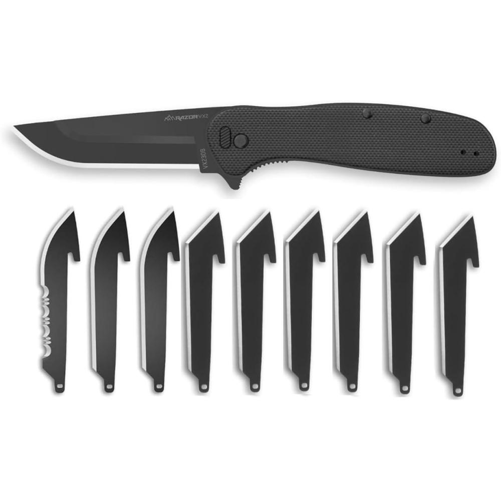 image:imageOUTDOOR EDGE RAZOR VX2 Black with 3 Black Drop Point Blades 1 Serrated Blade amp 6 Tantos Replaceable Blade EDC Folding Pocket Knife 3 Blade G10 Stainless Steel Handle