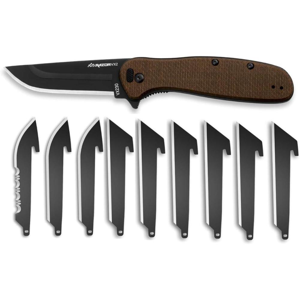image:imageOUTDOOR EDGE RAZOR VX2 Brown Burlap with 3 Black Drop Point Blades 1 Serrated Blade amp 6 Utility Replaceable Blade EDC Folding Pocket Knife 3 Blade G10 Stainless Steel Handle